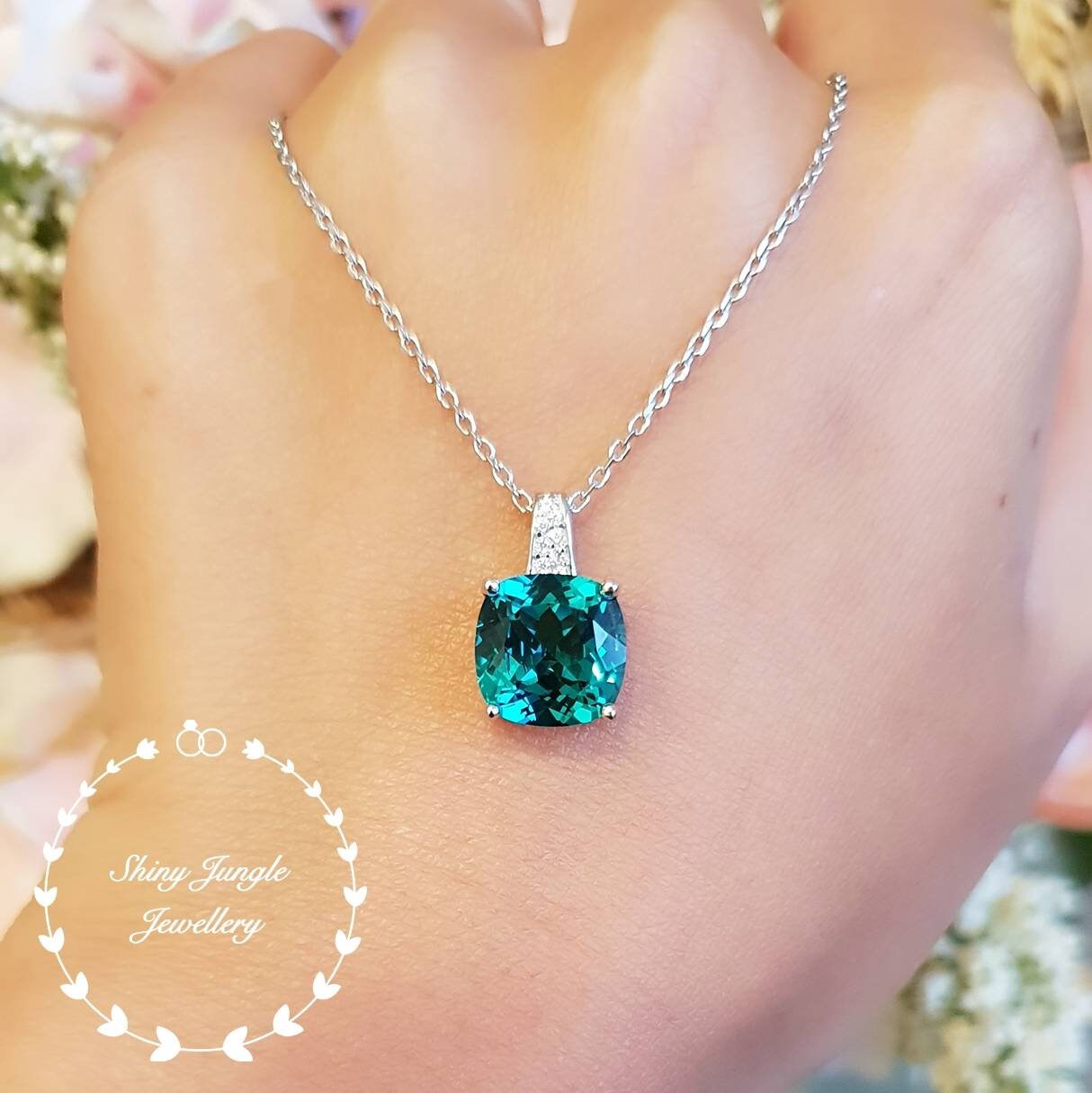 Handmade Indicolite Tourmaline Gemstone Pendant - Lab Created Blue Stone, Silver Plated, 2.36 Inch Charm