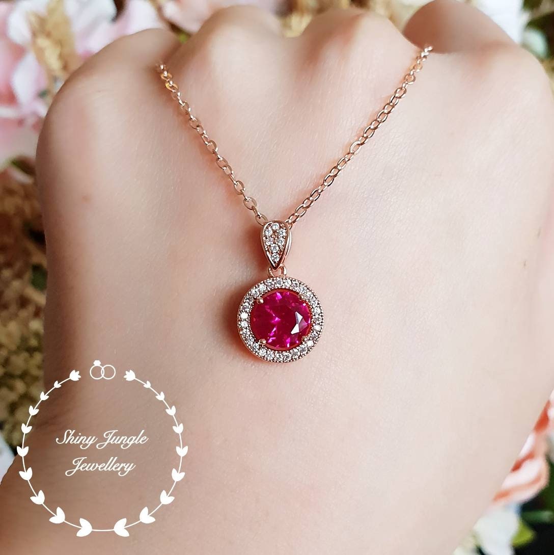 Round ruby pendant Halo ruby necklace Halo round simulated ruby