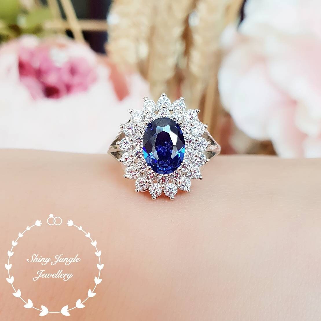 Double Halo oval Tanzanite ring, 1.5 ct blue Tanzanite engagement ring