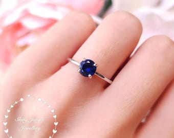 1 Carat Simple Round Sapphire Solitaire Ring, Dainty Genuine Lab Grown Sapphire Engagement Ring, September Birthstone Promise Ring