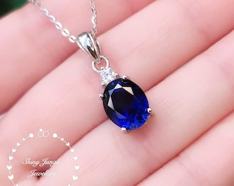 Genuine Lab Grown Royal Blue Sapphire Necklace, 3 Carats Oval Sapphire Pendant With One Diamond Simulant, September Birthstone Gift