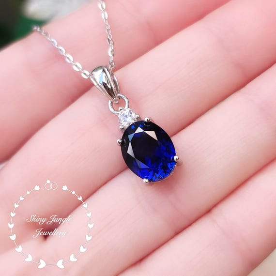 Genuine Lab Grown Royal Blue Sapphire Necklace, 3 Carats Oval