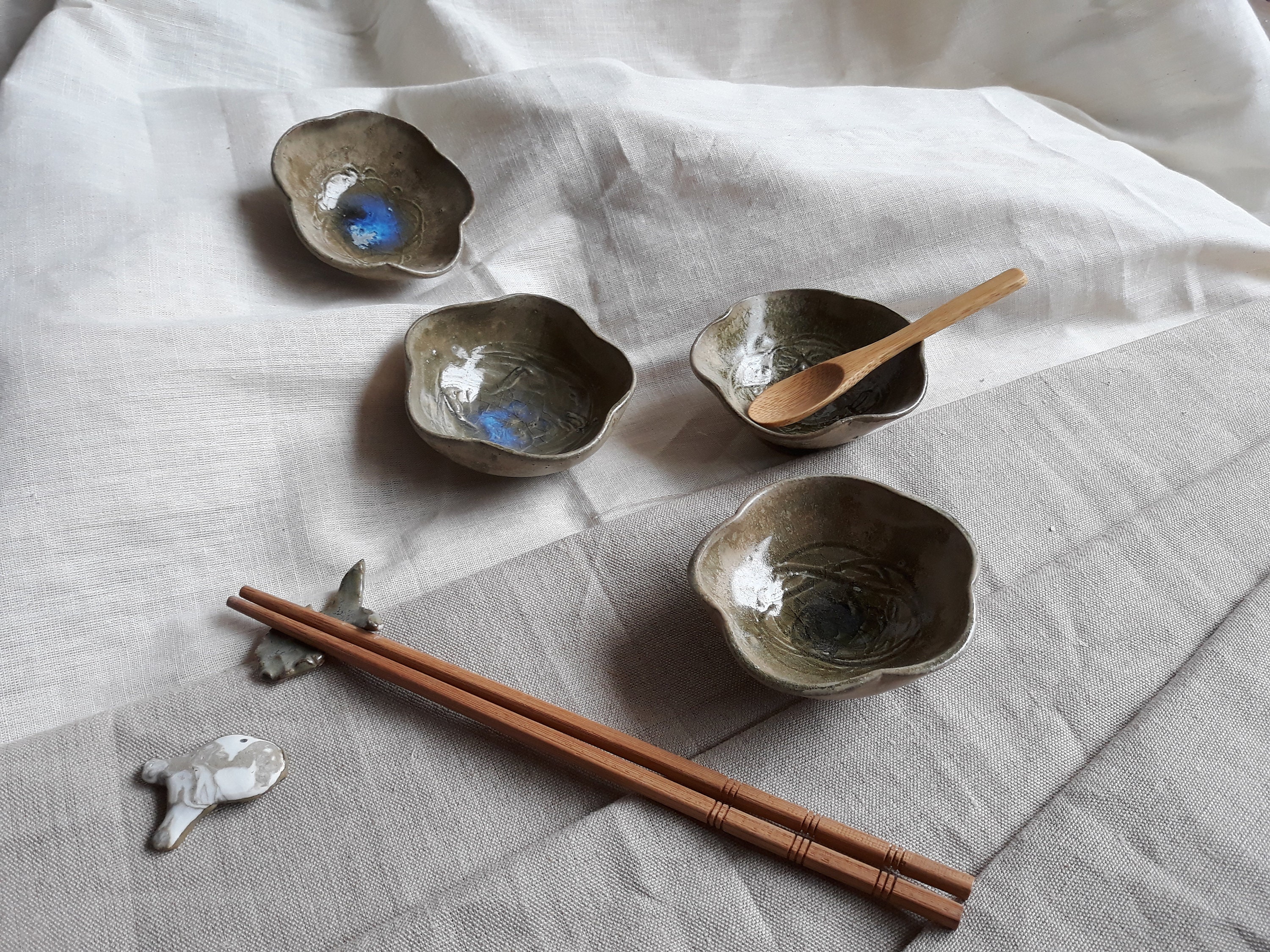 Service 4 Pièces, Mini Coupelle, Poterie, Banchan, Centre de Table, Grès, Fait Main, France, Émaux