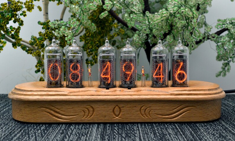Nixie Clock IN-14 Full Natural wood Halloween Decor, Personalized Gifts image 4