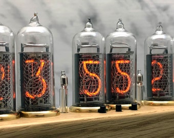 Nixie Tube Clock Easy Replaceable IN-14 Nixie Tubes, Handmade, Oak, Brass rings, Alarm clock vintage, Steampunk clock, idea Gift for Fathers