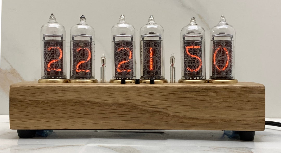 Nixie Tube LED Clock With Walnut Base | Wi-Fi Time Sync, Alarm, RGB Colors - Retro Desk Clock