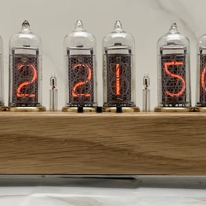 Nixie Tube Clock Easy Replaceable IN-14 Nixie Tubes, Handmade, Oak, Brass rings, Alarm clock vintage, Steampunk clock, idea Gift for Fathers