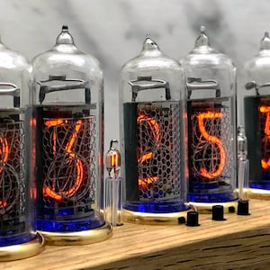 Nixie Tube Clock Easy Replaceable IN-14 Nixie Tubes, Handmade, Oak, Brass rings, Alarm clock vintage, Steampunk clock, idea Gift for Fathers