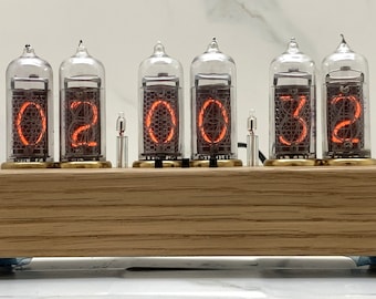 Nixie Tube Clock, IN-14, Gift for him,  Oak, Housewarming gift, Alarm clock vintage, Steampunk clock