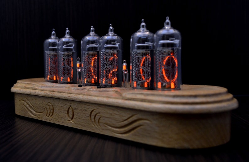 Nixie Clock IN-14 Full Natural wood Halloween Decor, Personalized Gifts image 1