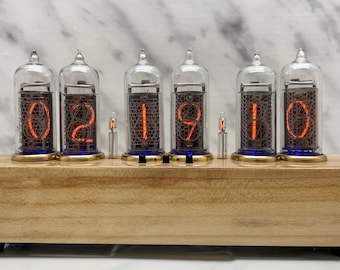 Nixie Tube Clock Easy Replaceable IN-14 Nixie Tubes, Handmade, Apricot, Brass rings, Alarm clock vintage, Steampunk, idea Gift for Fathers