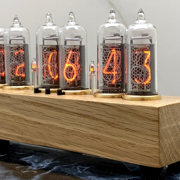 Nixie Tube Clock Easy Replaceable IN-14 Nixie Tubes, Handmade, Oak, Brass rings, Alarm clock vintage, Steampunk clock, idea Gift for Fathers