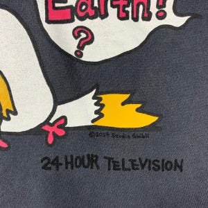 Pu&ograve; includere: T-shirt grigio scuro con un disegno di uccello dei cartoni animati. Il testo "Earth!" &egrave; in rosa e bianco, con un punto interrogativo. La maglietta ha anche il testo "24 HOUR TELEVISION" in nero.
