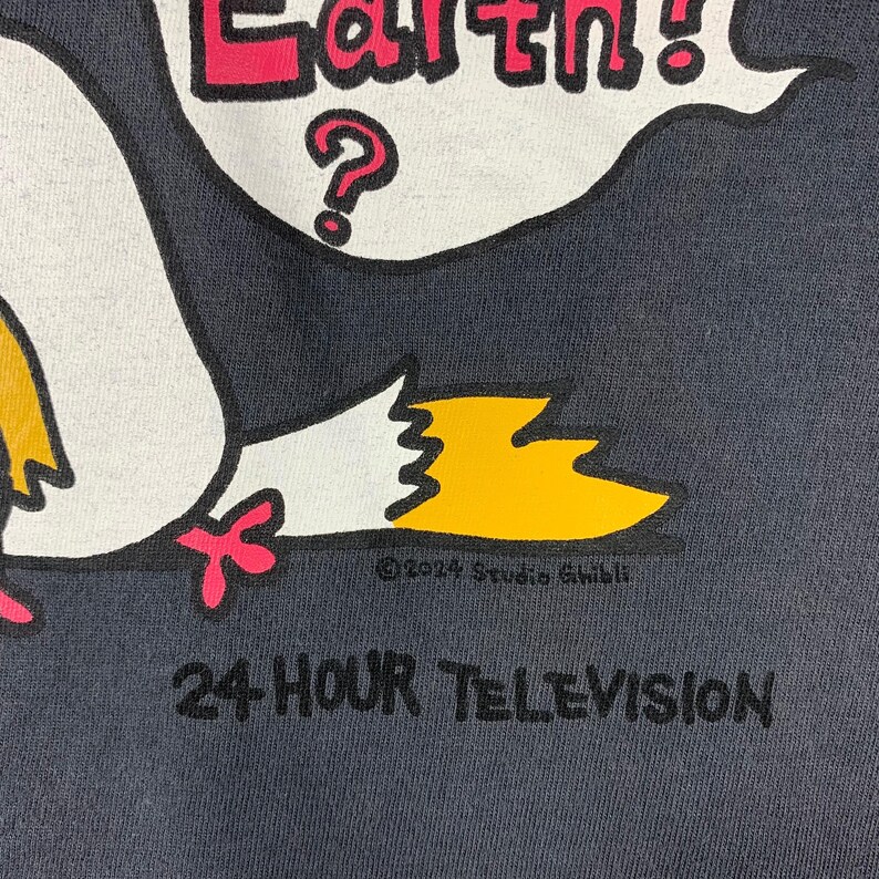 Pu&ograve; includere: T-shirt grigio scuro con un disegno di uccello dei cartoni animati. Il testo "Earth!" &egrave; in rosa e bianco, con un punto interrogativo. La maglietta ha anche il testo "24 HOUR TELEVISION" in nero.