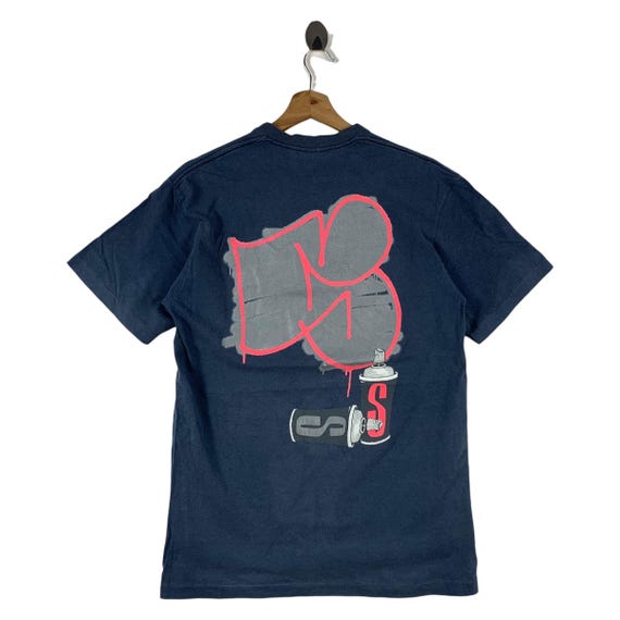 Vintage 90s Stüssy T-shirt Navy Blue Graffiti Spray Can Graphic