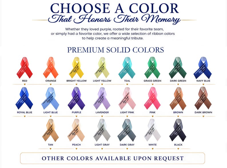 Peut inclure: Un nuancier pr&eacute;sentant vingt-quatre &eacute;chantillons de rubans dans diverses couleurs unies, notamment rouge, orange, jaune, vert, bleu, violet, rose, marron, gris, blanc et noir. Chaque ruban porte un texte imprim&eacute; et le nom de sa couleur.