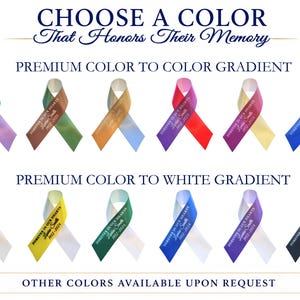 Peut inclure: Un ensemble de douze rubans comm&eacute;moratifs dispos&eacute;s sur deux rang&eacute;es. La rang&eacute;e sup&eacute;rieure pr&eacute;sente des d&eacute;grad&eacute;s de couleur &agrave; couleur, et la rang&eacute;e inf&eacute;rieure des d&eacute;grad&eacute;s de couleur &agrave; blanc. Chaque ruban porte le texte 'FOREVER IN OUR HEARTS' et 'Leslie Smith 1952-2024'. L'image inclut le texte 'CHOOSE A COLOR That Honors Their Memory', 'PREMIUM COLOR TO COLOR GRADIENT', 'PREMIUM COLOR TO WHITE GRADIENT' et 'OTHER COLORS AVAILABLE UPON REQUEST'.