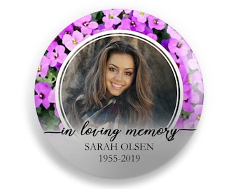 Violet Design Memorial Button Pins or Memorial Magnets Keepsake : 2.25" or 3", Daisy, Violets, Sunflower