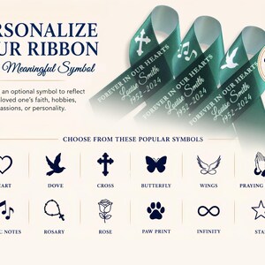 Peut inclure: Trois rubans vert fonc&eacute; avec le texte blanc FOREVER IN OUR HEARTS, Louise Smith, 1952-2024 et divers symboles. En dessous, une grille affiche douze ic&ocirc;nes bleu marine, dont un c&oelig;ur, une colombe, une croix, un papillon, des ailes, des mains en pri&egrave;re, des notes de musique, un chapelet, une rose, une empreinte de patte, l'infini et une &eacute;toile.
