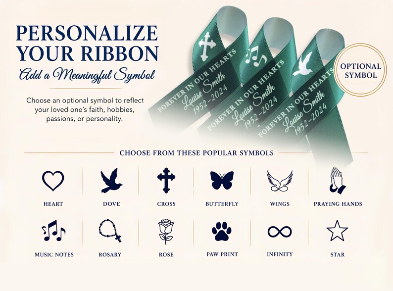 Peut inclure: Trois rubans vert fonc&eacute; avec le texte blanc FOREVER IN OUR HEARTS, Louise Smith, 1952-2024 et divers symboles. En dessous, une grille affiche douze ic&ocirc;nes bleu marine, dont un c&oelig;ur, une colombe, une croix, un papillon, des ailes, des mains en pri&egrave;re, des notes de musique, un chapelet, une rose, une empreinte de patte, l'infini et une &eacute;toile.