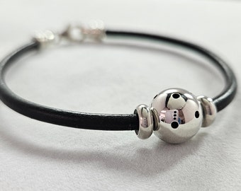 Black Leather Bracelet with Pickleball