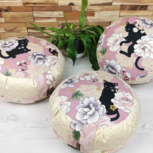 Coussin de méditation tissus japonais en balles d'épeautre bio / pouf de salon