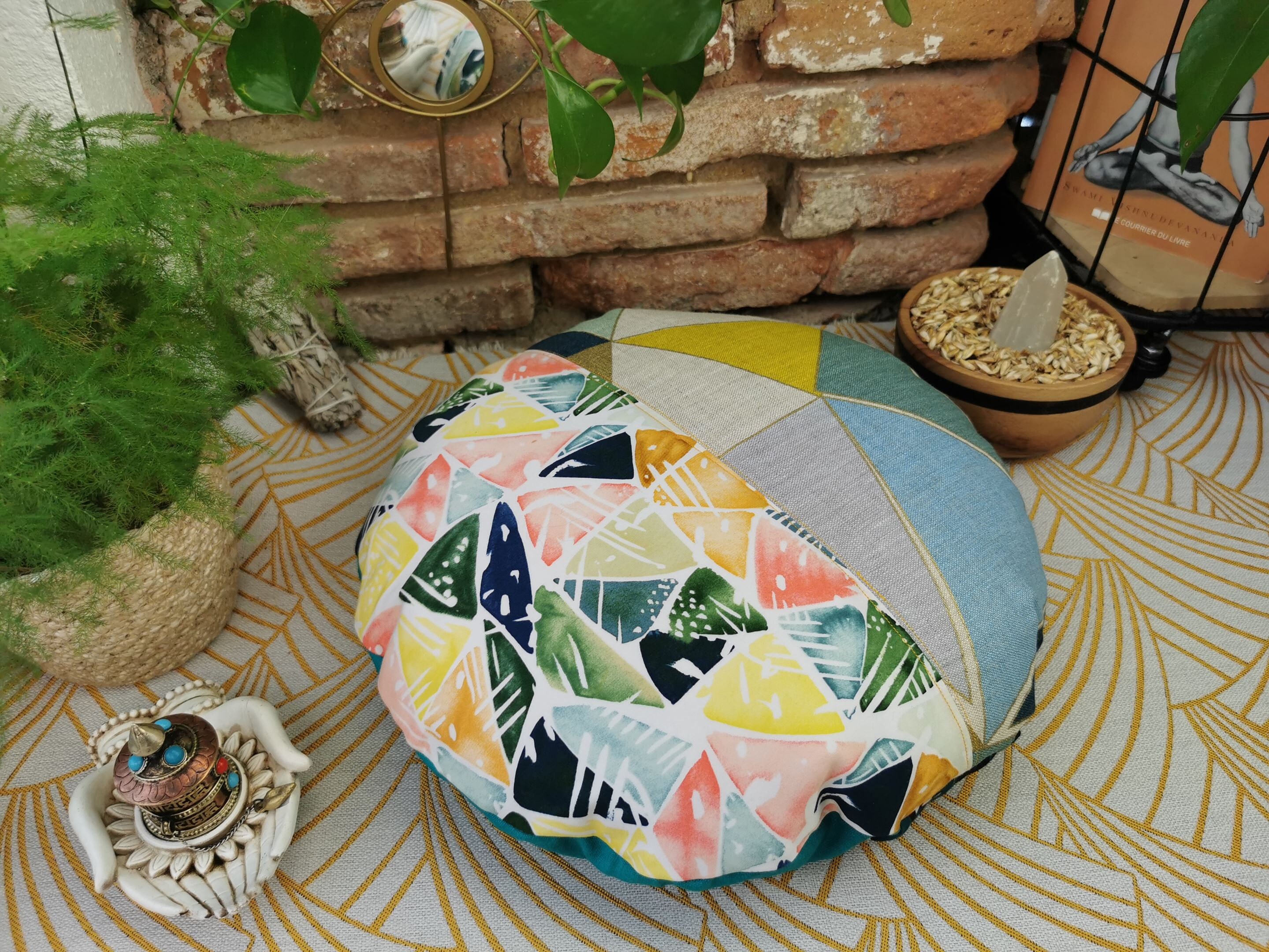 Zafu Galette Xl/Coussin Plat Méditation Coton Bio et Lin Fait Main en France Remplie de Balle d'épea