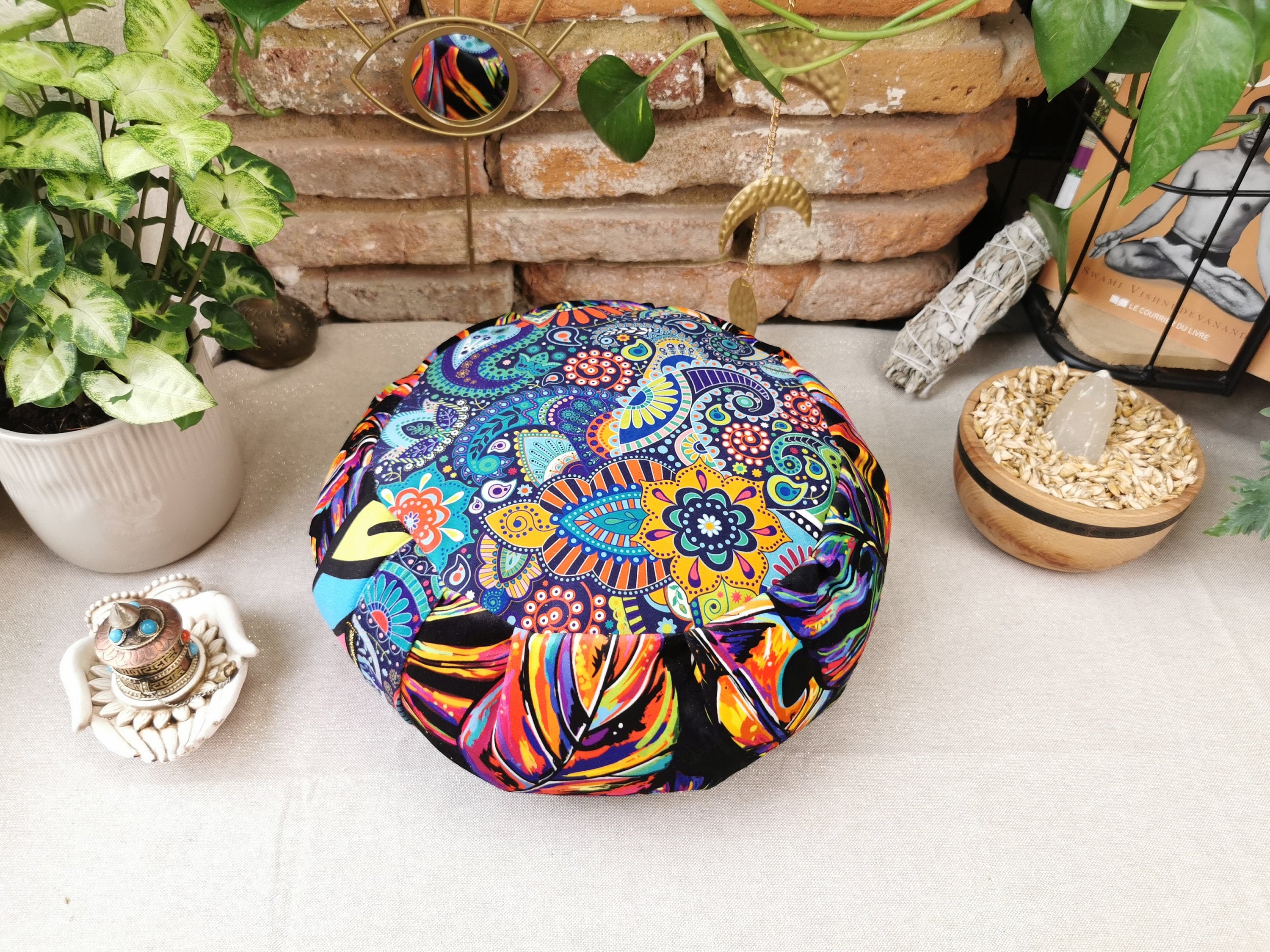 Zafu de Méditation et Yoga en Velours Balle d'épeautre Bio/Coussin Médiation Fait Main France