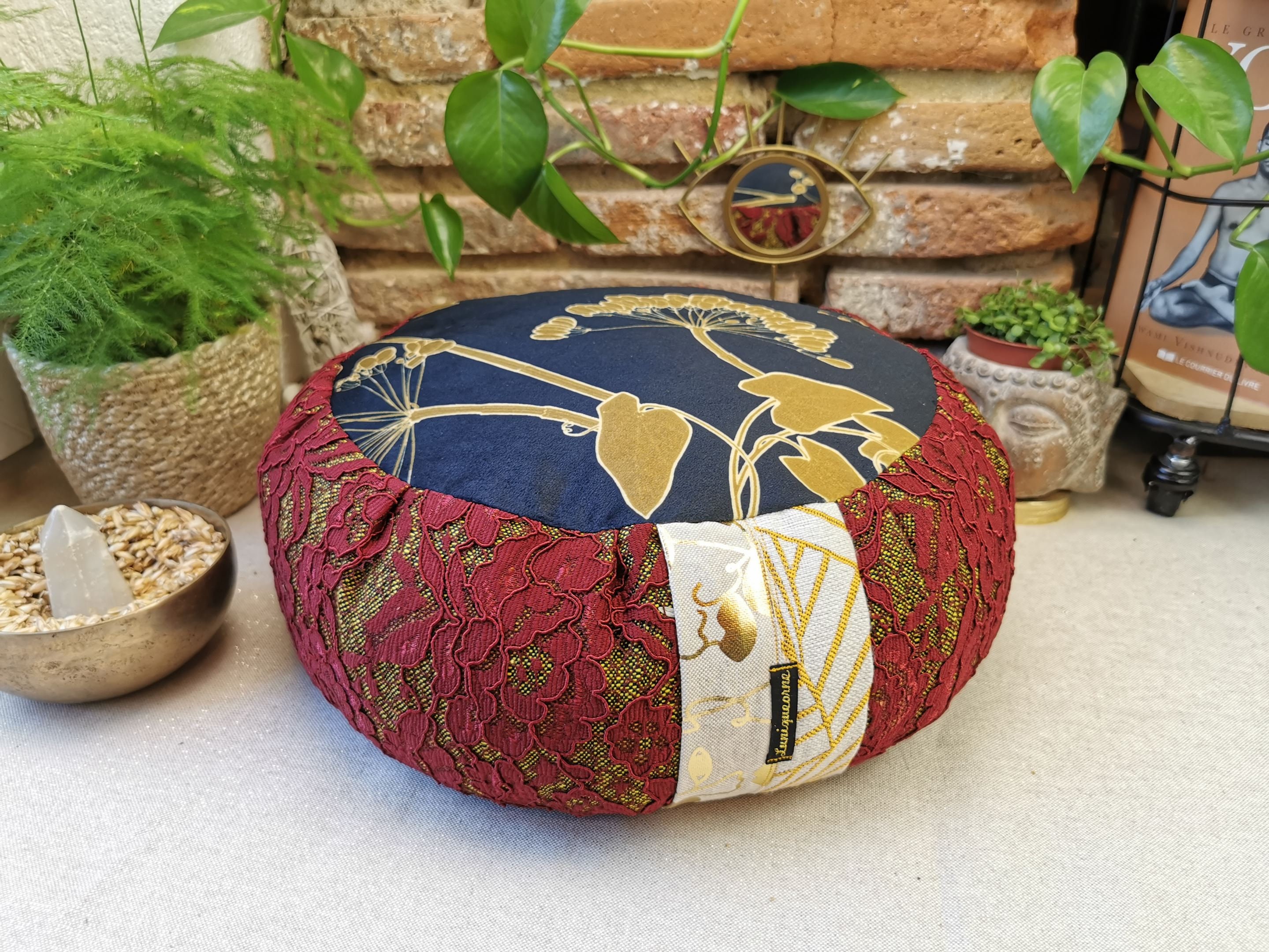 Zafu/Dentelle, Coton Bio et Velours Coussin de Méditation, d'ameublement Fait Main Artisanalement en