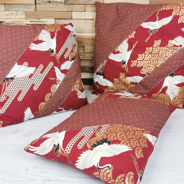 Coussin de Canapé Design en Tissus Japonais et lin. Coussin de déco japonisant déhoussable
