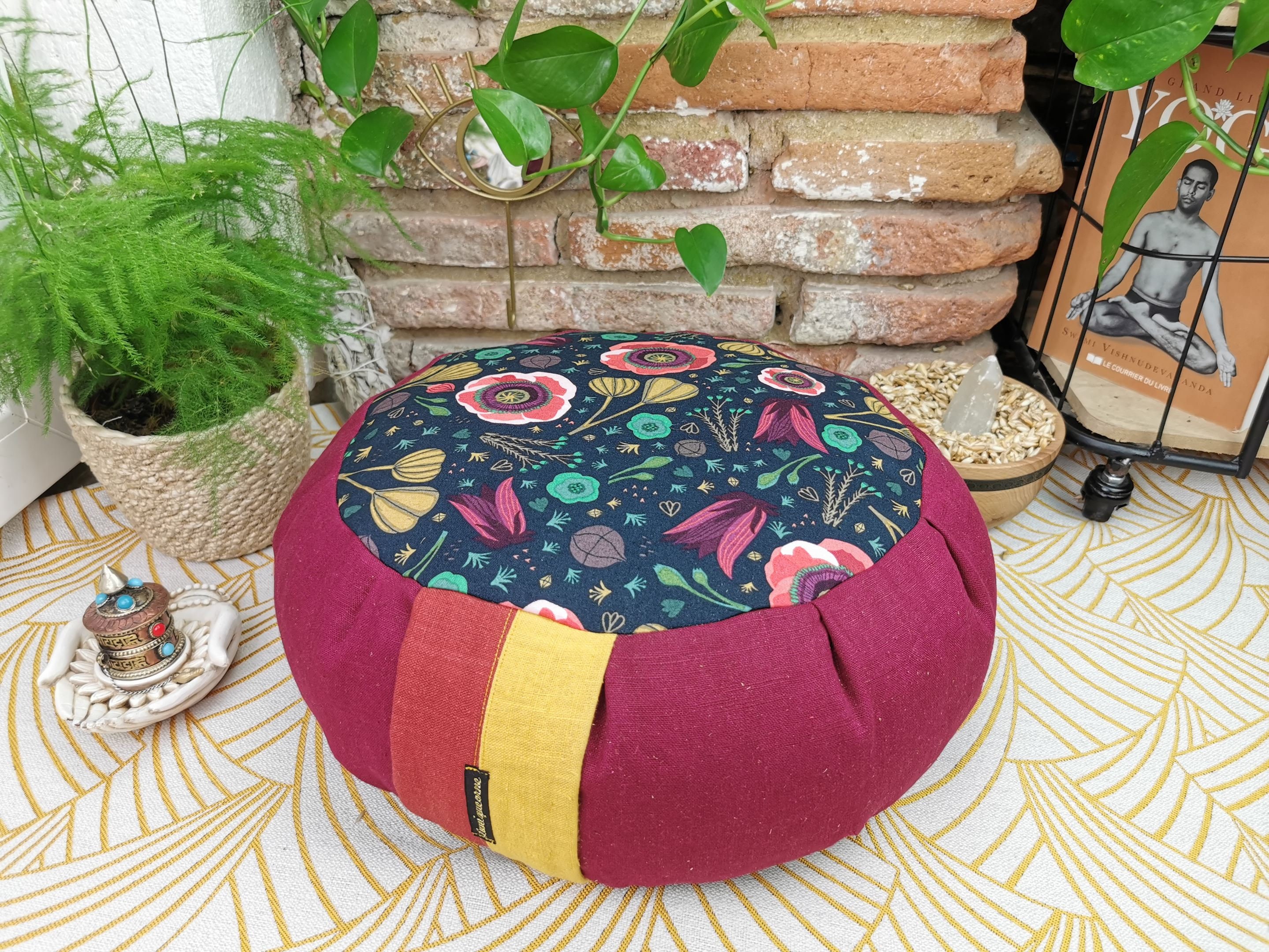 Zafu de Yoga en Coton Bio Gots Garnis Balle d'épeautre/Coussin Méditation Fait Main France