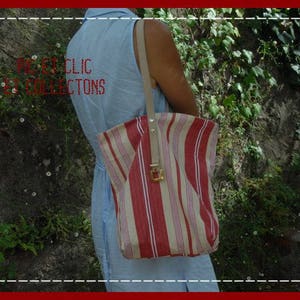 bucket bag / model Basque country, So'Bag bag bucket ... not foolish Basque stripes, tent canvas, belt handle, unique, closed pocket, gift image 3