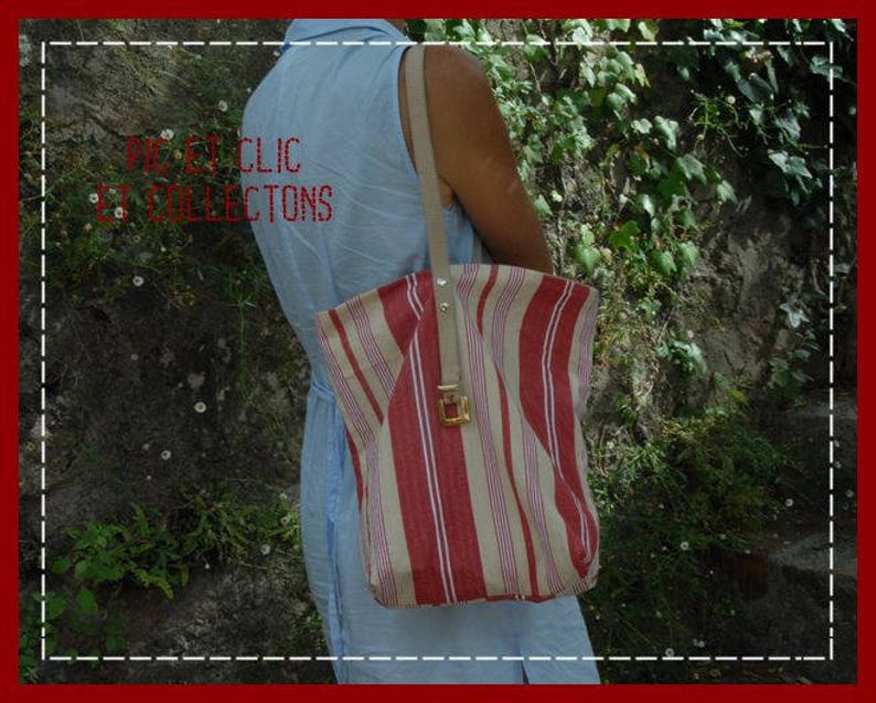 bucket bag / model Basque country, So'Bag bag bucket ... not foolish Basque stripes, tent canvas, belt handle, unique, closed pocket, gift image 3