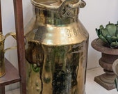 French Large Brass Milk Can,Heavy Metal Can with Lid,Farmhouse Rustic Metal Can,Primitive Vintage Large Milk Pail Lid,Milk Container