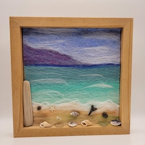 Needle Felted Seascape Art: Shark Tooth, Shells & Starfish - 8x8 Wood Frame