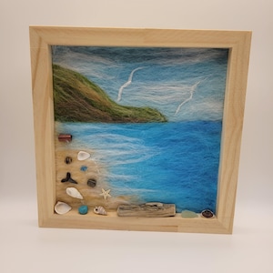 Needle Felted Seascape Art: Shark Tooth, Shells & Driftwood - 8x8 Wood Frame