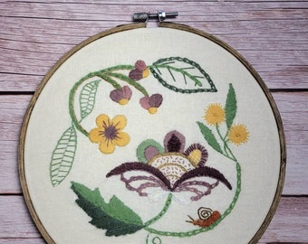 Embroidery art- embroidery wall hanging- crewel hoop art- finished embroidery- floral home decor- hand embroidered-crewel- jacobean