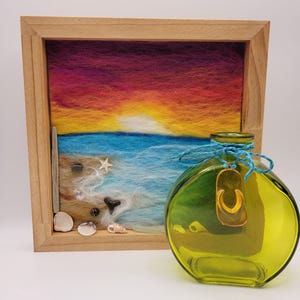 Needle Felted Seascape Art: Shark Tooth, Shells, and Sunset - 8x8 Framed Wool Painting