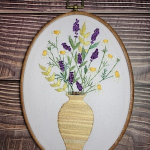 Hand Embroidered Floral Hoop Art: Garden Flower Embroidery, 9x7 inch