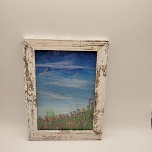 felt art meadow wool painting fiber art needle felt art handmade wall hanging framed fiber painting original art work unique flower art