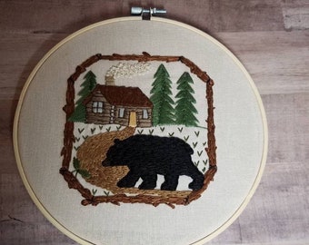 Embroidery art- embroidery wall hanging- bear hoop art- finished embroidery- northwoods-woodland decor- home decor- hand embroidered-bears