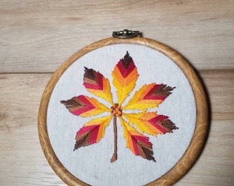 Embroidery art- embroidery wall hanging- flower hoop art- finished embroidery- floral home decor- hand embroidered- leaf- fall decor