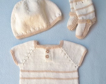 Ensemble bébé barboteuse bonnet chaussons tricoté main écru et beige 1 mois