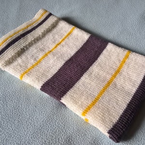 Handmade knit baby plaid blanket with ecru mustard gray slate stripes