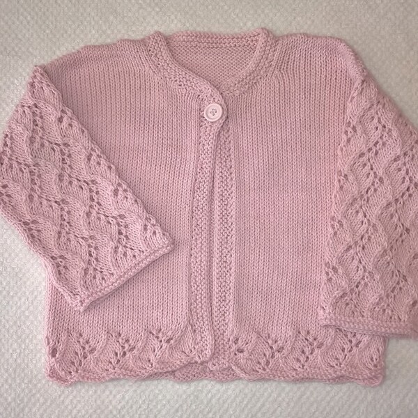 Gilet cardigan tricot fait main bébé fille 6 mois rose poudré 100% coton