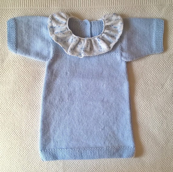 Sky blue dress with White collar and mottled blue for 6-month-old baby, handmade knit