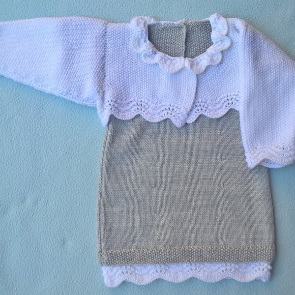 Ensemble robe boléro bébé 6 mois tricot fait main gris et blanc