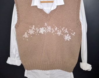 Débardeur Pull sans manches Camel Marron avec broderie fleurs taille M tricot fait main