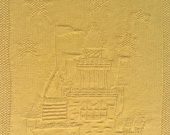 Couverture moutarde motif Château Fort tricot fait main pour bébé