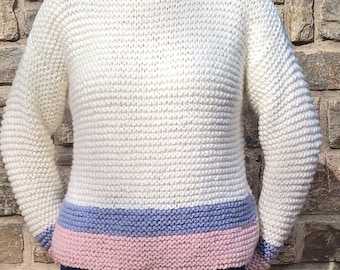 Pull tricot fait main femme taille M point mousse écru/bleu/rose